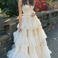 Light Champagne A-Line Tiered Ruffles Long Party Dress Ball Gown,DP1813