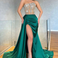 Green Evening Dress Long Strapless Asymmetrical With High Slit Sequins Sleeveless,DP079