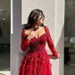 Red Modest Evening Dress Wedding Dress Engagement Dress Maxi Long Sleeve Dress,DP0125
