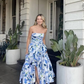Blue Printed A-Line Strapless Long Prom Dress,DP1724