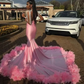 Pink African Prom Dress Mermaid Crystals Feather Black Girl Evening Dress, DP2387