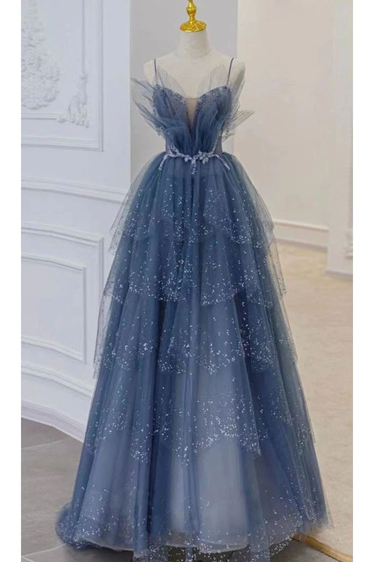 Gorgeous Blue Sparkly Tulle Beaded Prom Dress Tiered Formal Gown with Rhinestone,DP092