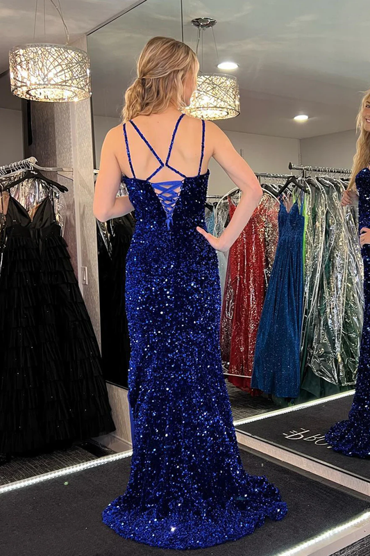 Royal Blue Mermaid Straps Sequins Long Prom Dress with Slit,DP019