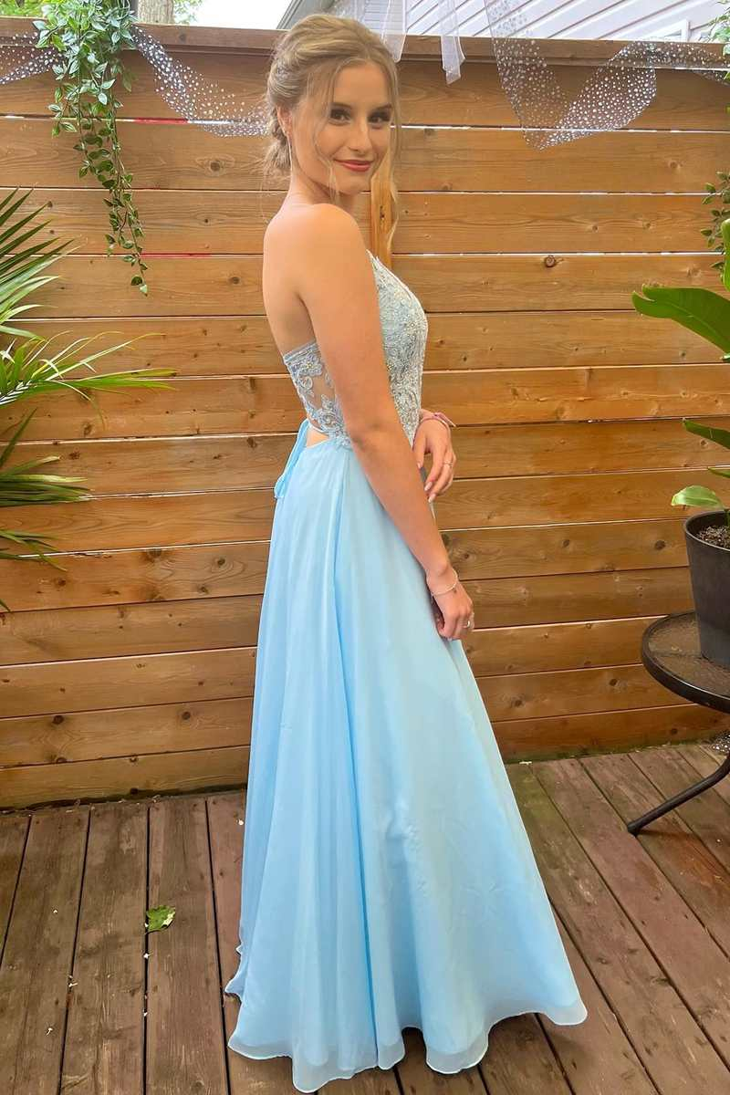 Light Blue Lace Plunge Neck A-Line Prom Dress with Slit,DP051