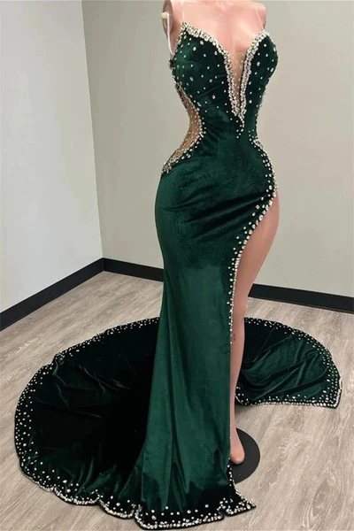 Black Girl Prom Dresses Long Mermaid Green Prom Gown With Train,DP0103