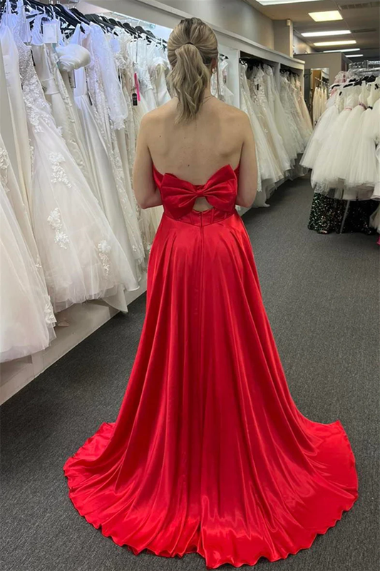 Red Satin Strapless A-line Bow Long Prom Dress with Slit,DP09