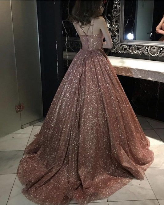 Rose Gold Sparkly Ball Gown Dresses Cross Neck,DP0250