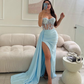 Elegant Baby Blue Strapless Sleeveless Split Applique Evening Dress Ball Gown Custom,DP076