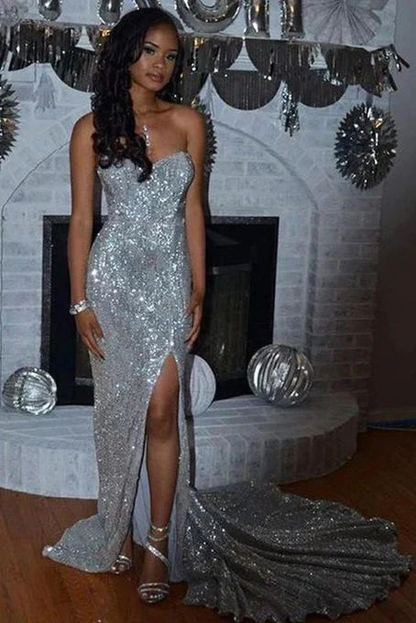 Shiny Silver Sequins Sweetheart Long Prom Dresses With Slit,DP0106