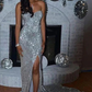 Shiny Silver Sequins Sweetheart Long Prom Dresses With Slit,DP0106