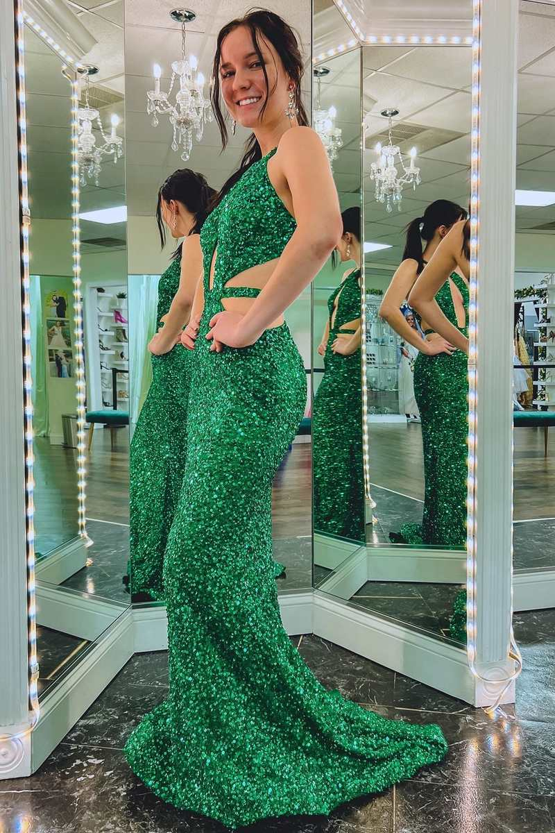 Green Sequin Keyhole Cutout Mermaid Long Formal Dress,DP047