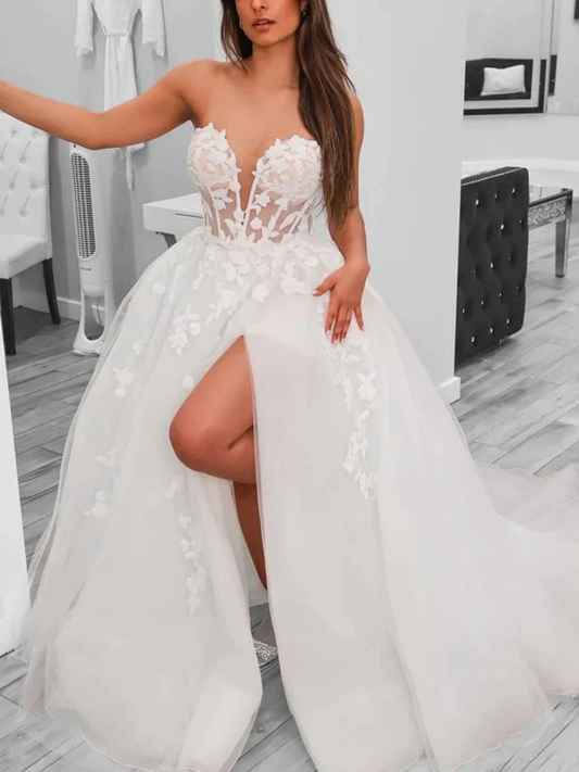 White Sweatheart Tulle Appliques Long Prom Dress Wedding Dress,DP1008