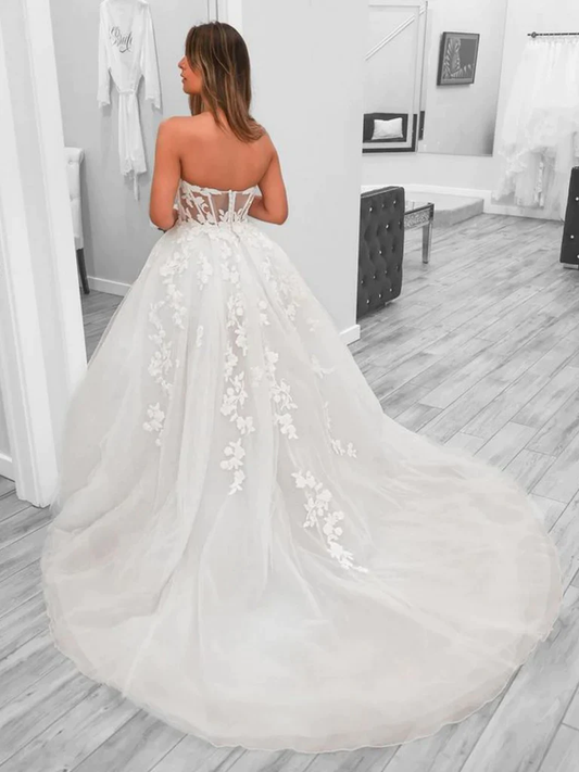 White Sweatheart Tulle Appliques Long Prom Dress Wedding Dress,DP1008