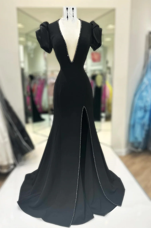Sexy Black Deep V Neck Short Sleeves Long Prom Dress,DP1021