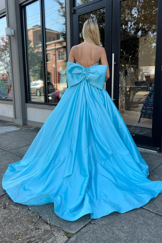Princess Blue Bow Beading A-Line Long Prom Dress Birthday Dress,DP1025