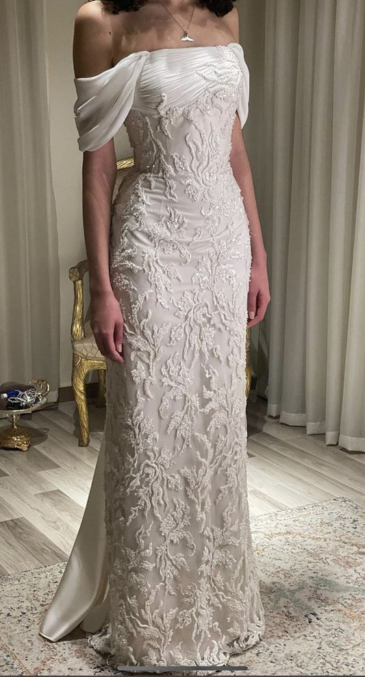 Gorgeous White Off Shoulder Beading Appliques Long Prom Dress Wedding Dress,DP1032