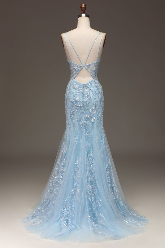 Light Blue Sequins Beads Prom Dress Formal Party Dress with Slit,DP1040