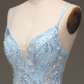 Light Blue Sequins Beads Prom Dress Formal Party Dress with Slit,DP1040