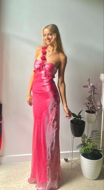 Hot Pink One Shoulder Floral Long Party Dress,DP1049