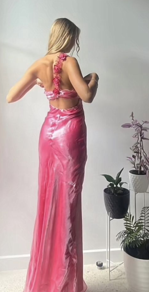Hot Pink One Shoulder Floral Long Party Dress,DP1049