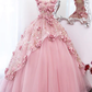 Pink A-Line Floral Tulle Lace Long Prom Dress Sweet Ball Gown,DP1072