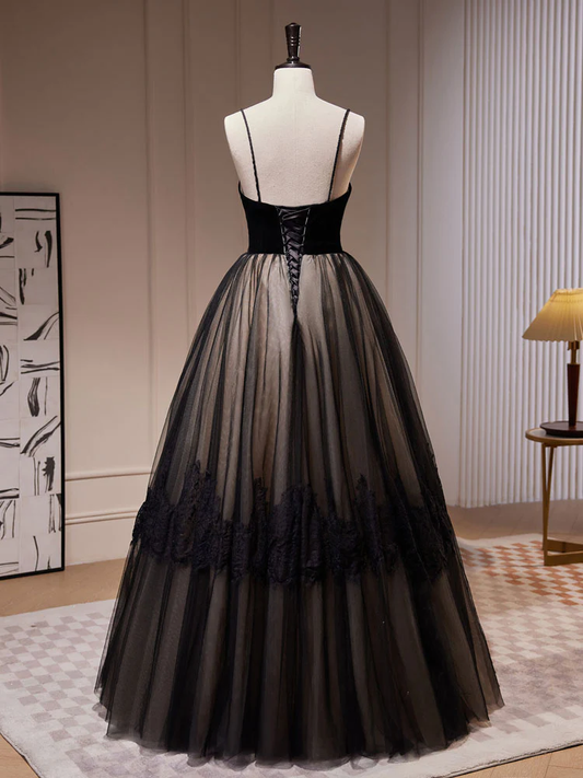 Black A-Line Spaghetti Straps Tulle Lace Long Prom Dress,DP1081