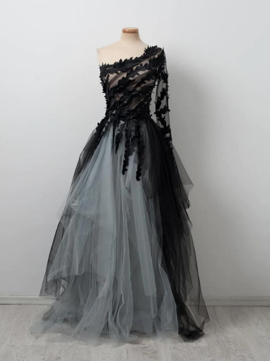 Black and Gray Tulle Lace One Shoulder Long Prom Dresses,DP1095