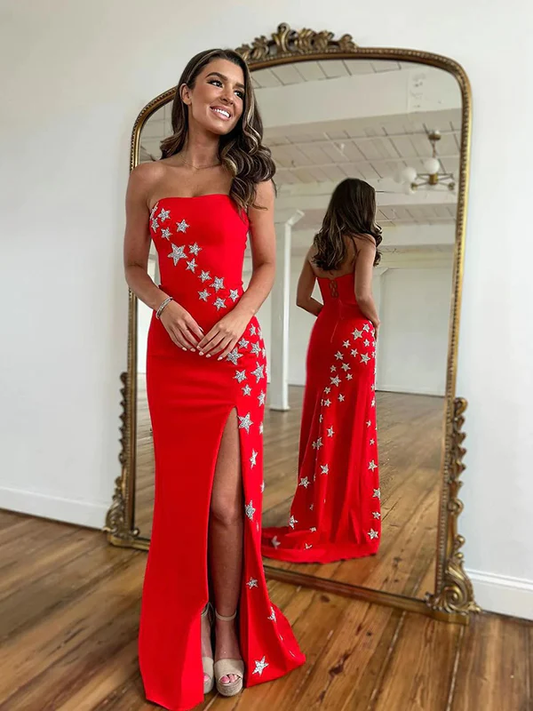 Elegant Red Star Sheath Long Prom Dresses Formal Dress With Side Slit,DP1100