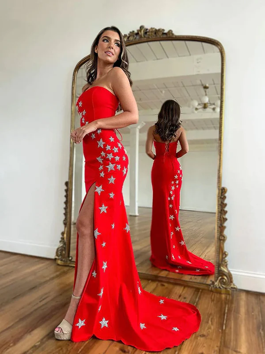 Elegant Red Star Sheath Long Prom Dresses Formal Dress With Side Slit,DP1100