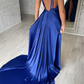Royal Blue V-neck Satin Backless Long Prom Dress with Slit,DP1120