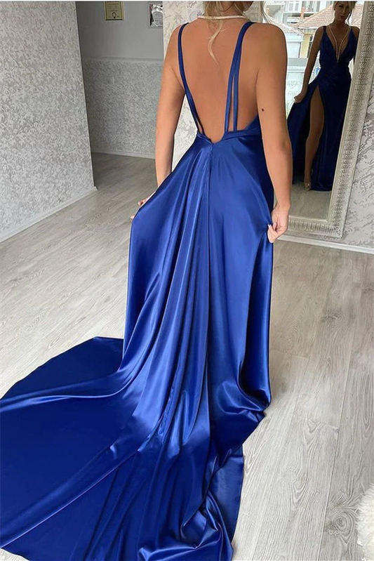Royal Blue V-neck Satin Backless Long Prom Dress with Slit,DP1120