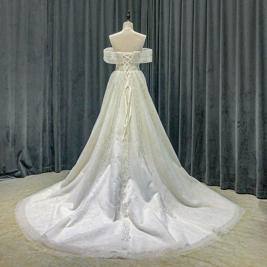 Shiny Off Shoulder Sequin Romantic Wedding Dress Elegant Boho Dress,DP1124