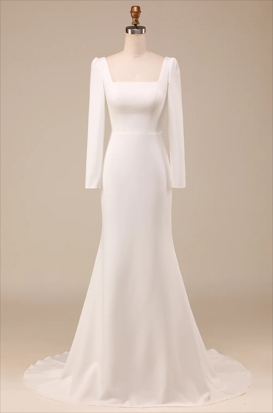 Ivory Mermaid Square Neck Long Sleeves Bridal Dress Formal Party Dress,DP1130