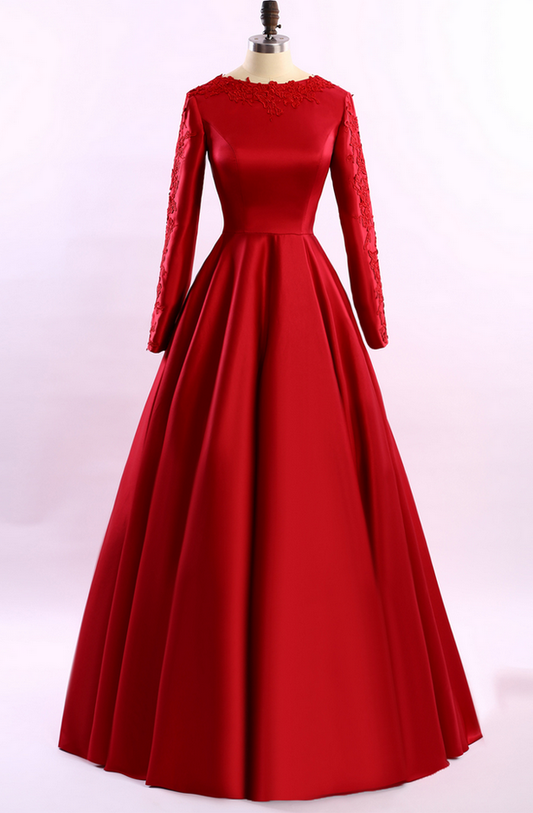 Simple Red Long Sleeves A-Line Long Evening Dress Formal Dress,DP1131