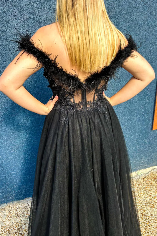 Black Feathered Off-Shoulder A-line Long Prom Dress with Slit,DP1162