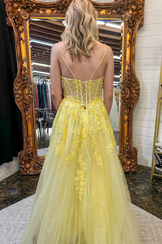Yellow Floral Spaghetti Straps A-line Long Prom Dress,DP1169
