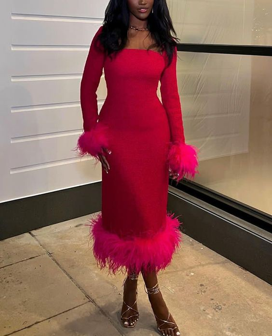 Hot Pink Long Sleeves Midi Length Black Girl Party Dress with Feather,DP1186
