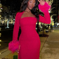 Hot Pink Long Sleeves Midi Length Black Girl Party Dress with Feather,DP1186