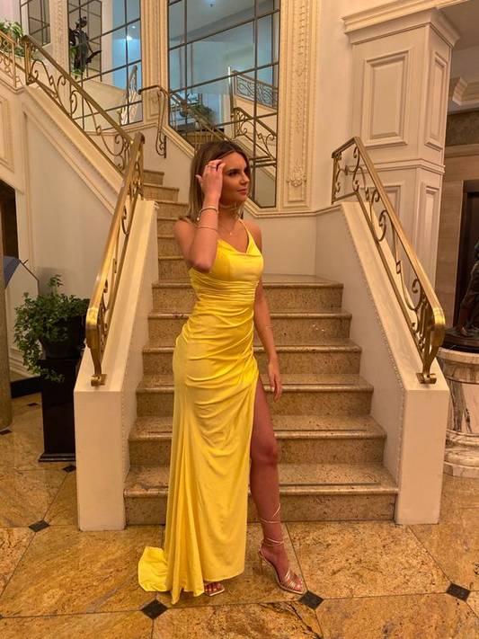 Yellow Satin Sheath Long Prom Dress with Slit,DP1202