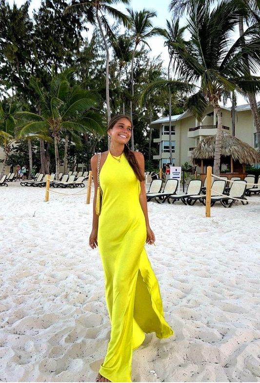 Yellow Halter Backless Party Dress Wedding Guest Dress with Slit,DP1209