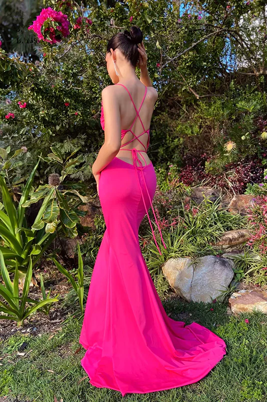 Sexy Hot Pink Spaghetti Straps Mermaid Long Prom Formal Party Dress,DP1237