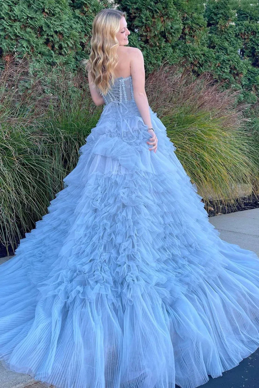 Elegant Sweetheart A-line Tulle Tiered Long Prom Dress Ball Gown,DP1240