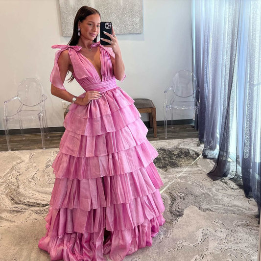 Tie Straps Plunging Neck Pastel Pink Tiered Long Prom Dress,DP1253