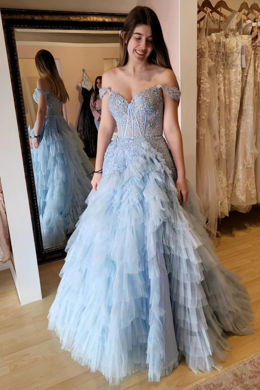 Light Blue Off Shoulder Tulle Tiered Appliques Long Prom Dress Ball Gown,DP1263
