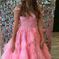 Light Blue Off Shoulder Tulle Tiered Appliques Long Prom Dress Ball Gown,DP1263