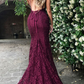 Sexy Burgundy Mermaid V-Neck Lace Backless Long Prom Dress,DP1281