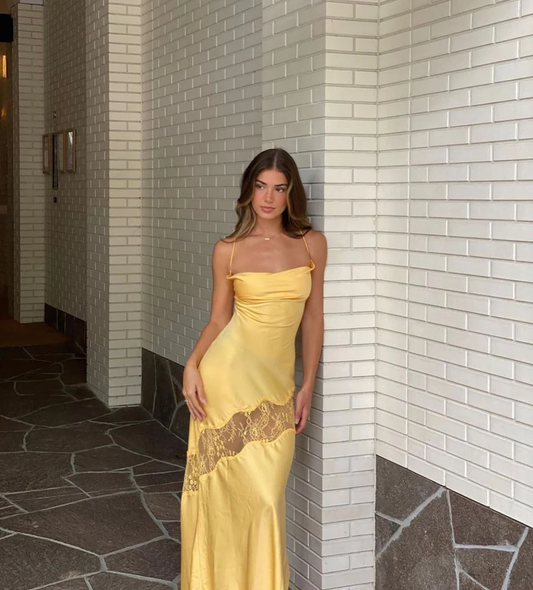 Yellow Backless Lace Slit Party Dress Simple Wedding Guest Dress,DP1302