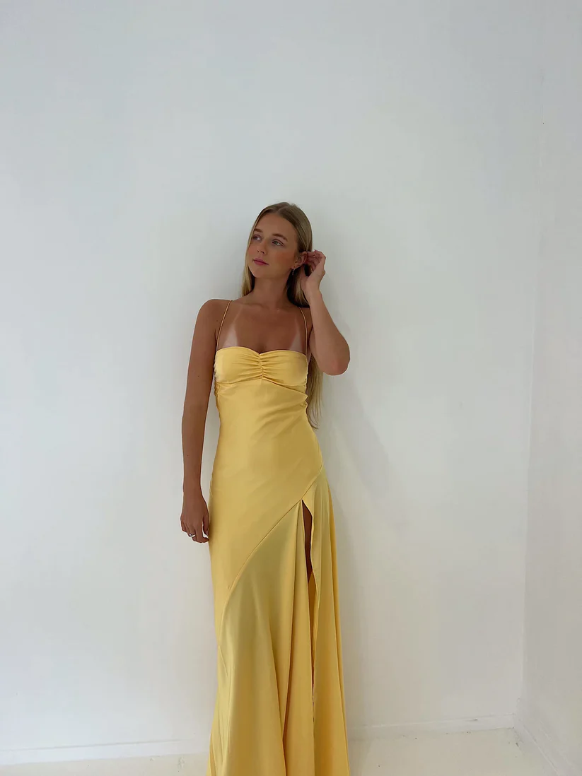 Yellow A-Line Spaghetti Straps Long Party Dress with Slit,DP1305