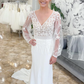 White Deep V Neck Illusion Sleeves Appliques Mermaid Long Wedding Dress,DP1320