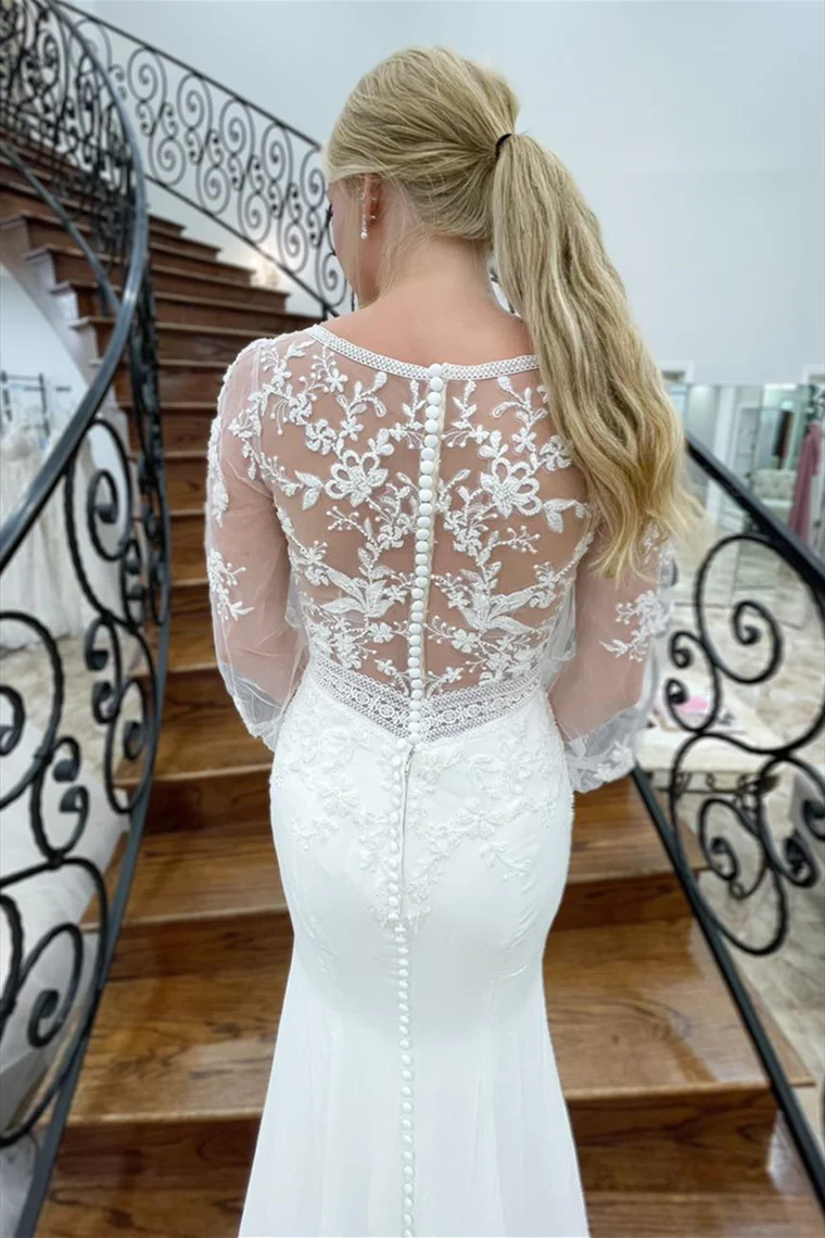 White Deep V Neck Illusion Sleeves Appliques Mermaid Long Wedding Dress,DP1320